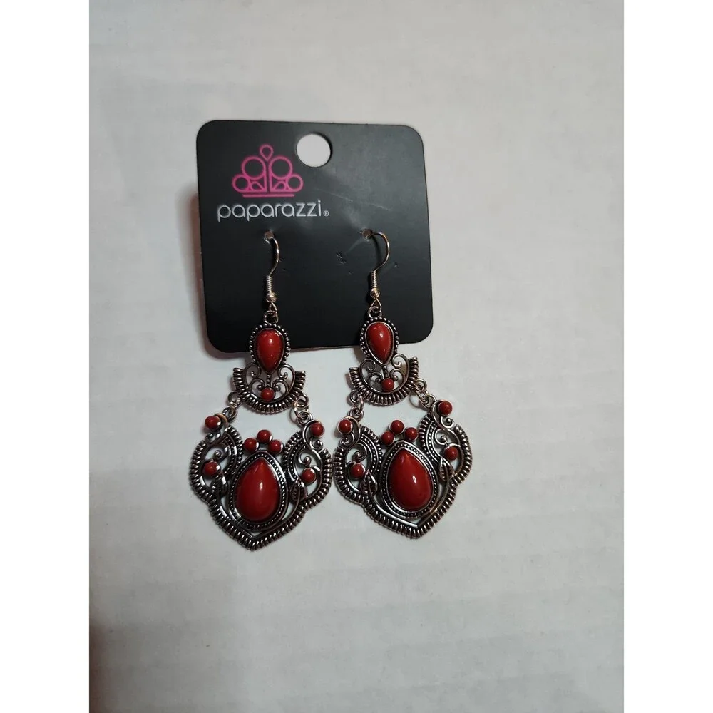 Paparazzi Palm Tree Tiaras Red Stone Chandelier Earrings - NWT Boho